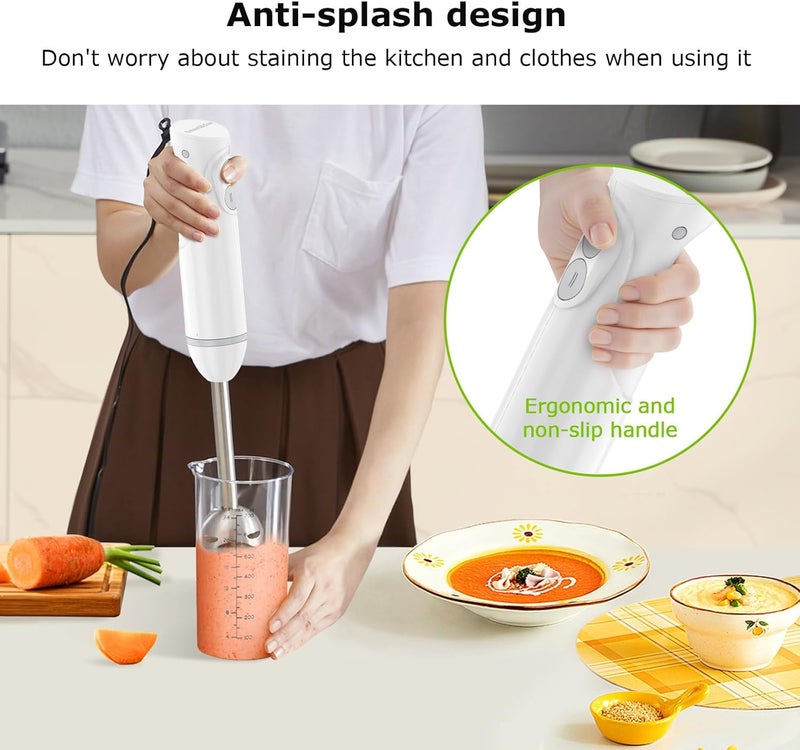 Bonsenkitchen Hand Blender, Immersion Blender with 2 Mixing Speed, 2-In-1 Hand Held Stick Mixer with Beaker for Soups, Smoothies, Sauce, White - Image 3